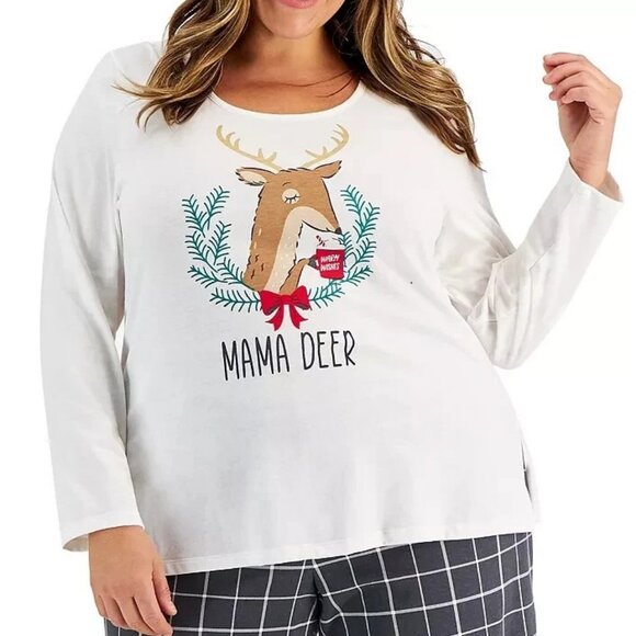 Family Pajamas Women's Plus Size 2-Piece PJ Set, White Gray Multi Mama Deer, 1X - Picture 3 of 6